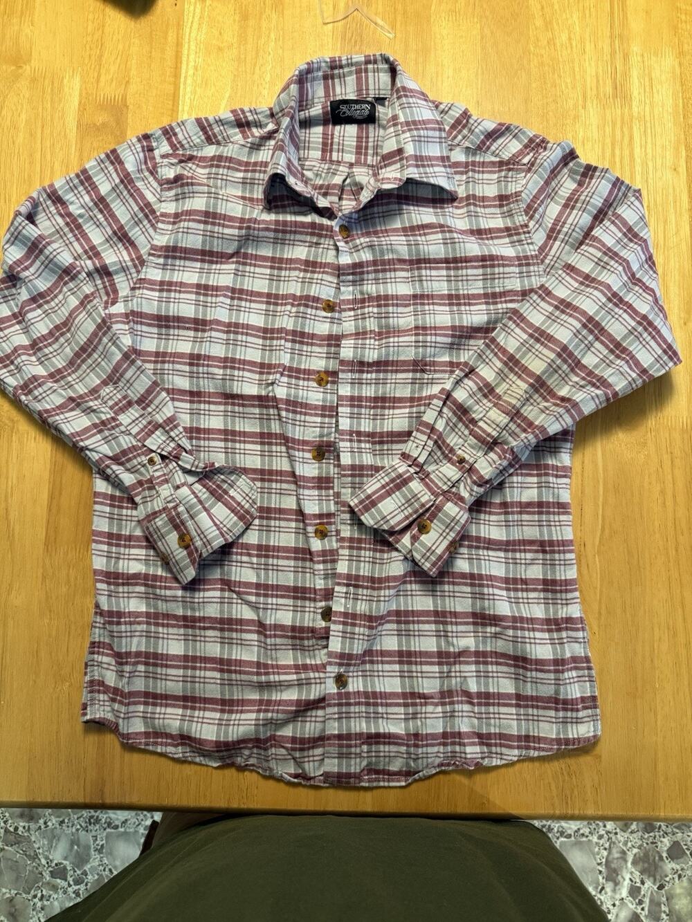 Southern Collegiate Mens Small Plaid Long Sleeve Button Shirt Burgundy Gray